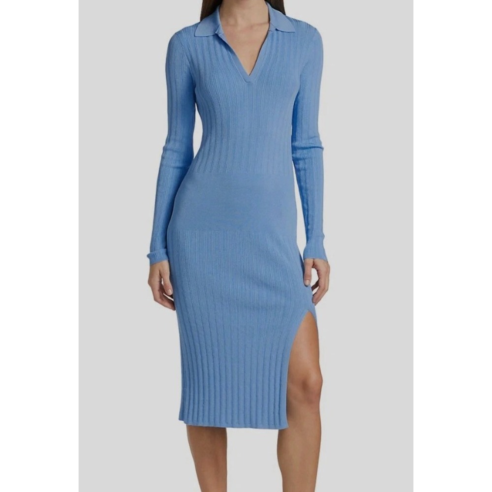 Rag & Bone Blue Ribbed Knit Long Sleeve Polo Maxi Dress Medium PO 00060016